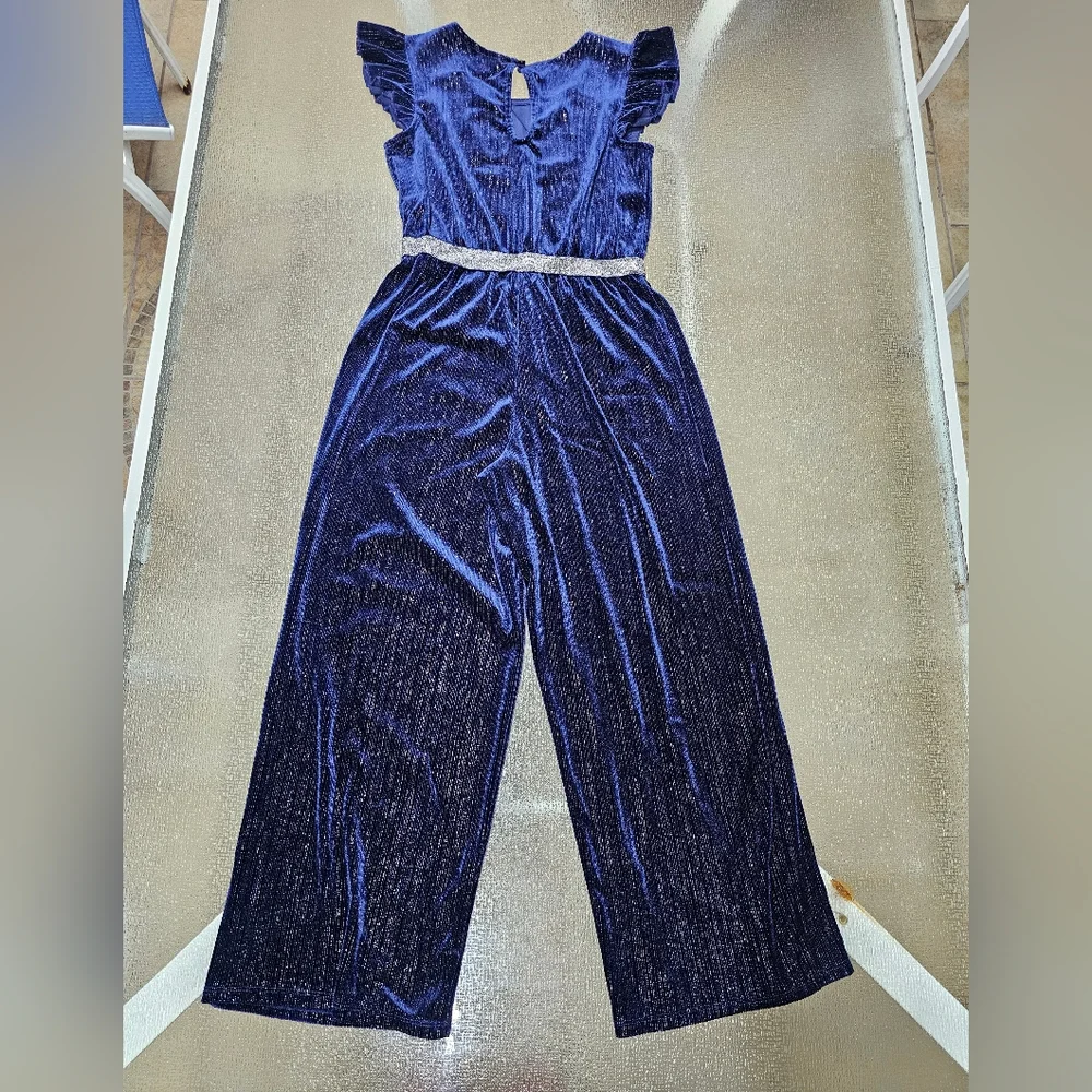 Zunie Girls Jumpsuit Blue Velvet Sparkle Ruffle Sleeve Holiday Party Outfit 10 - Picture 3 of 9